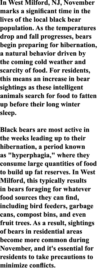 In West Milford, NJ, November marks a significant time in the lives of the local black bear population. As the temper...